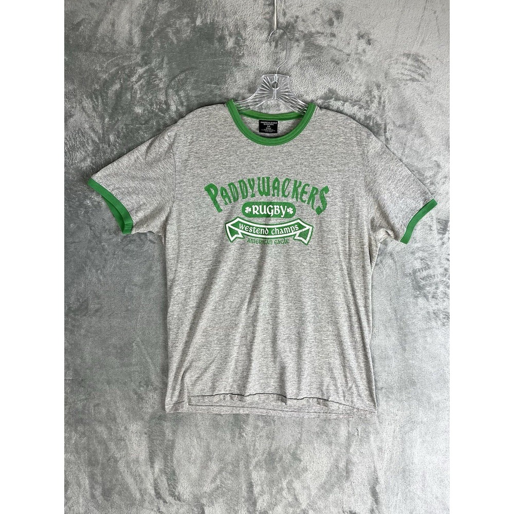 American Eagle Mens T-Shirt Small Gray Green Paddywackers Rugby Ringer St Pattys